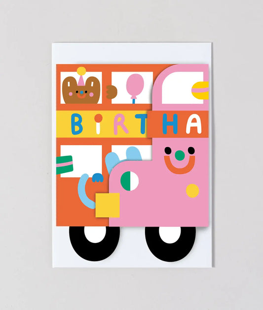Ausklappbare Kindergeburtstagskarte „Geburtstagsbus“.