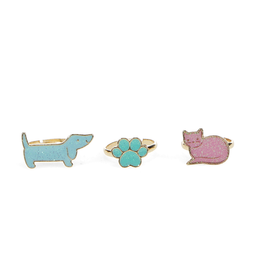 Glitzerringe, Set mit 3 Katzen und Hunden