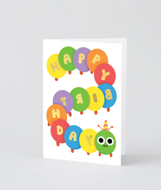 Kindergeburtstagskarte „Happy Birthday Raupe“.