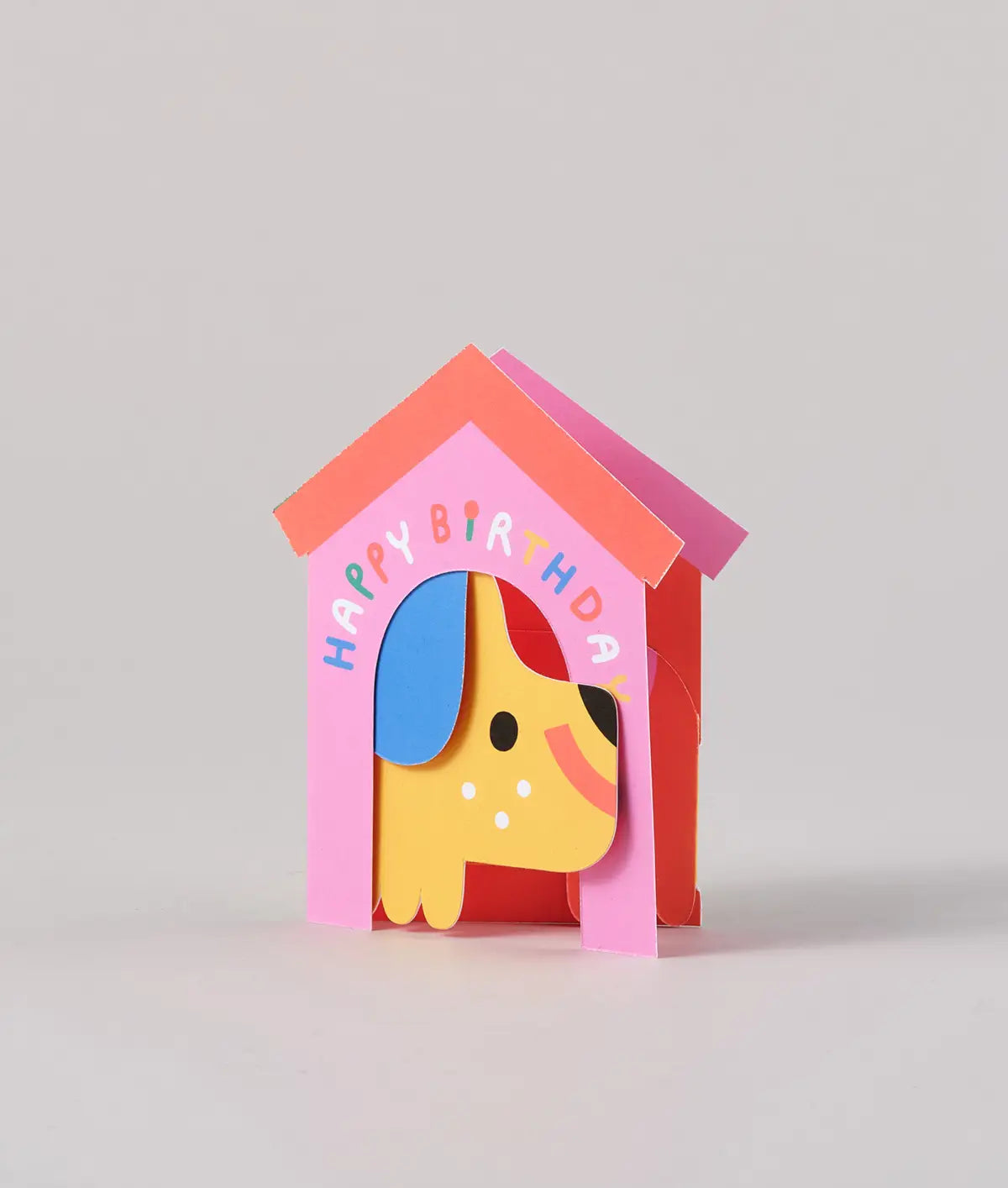 Ausklappbare Kindergeburtstagskarte „Hund im Haus“.