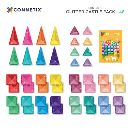 Colorful geometric shapes with glittery texture, labeled 'Connetix Glitter Castle Pack'.