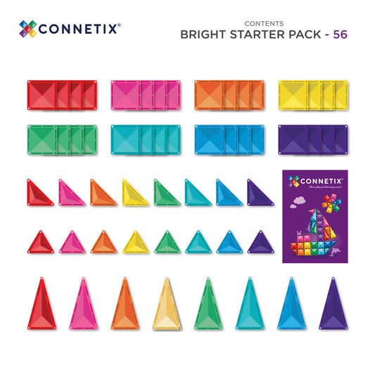 Connetix Bright Starter Pack - 56 pieces set contents, showing all 56 colorful magnetic square and triangular pieces arranged in rows, alongside a purple packaging insert card.
