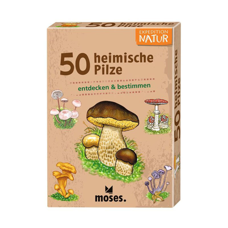 Box of '50 heimische Pilze' by Moses, featuring a natural brown background with colorful illustrations of various mushrooms and German text.