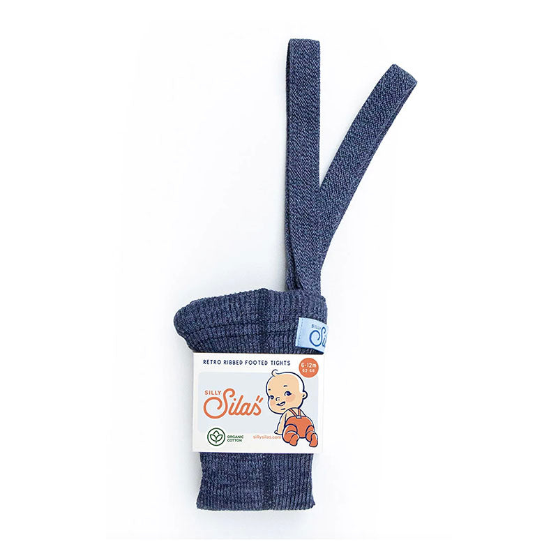 A pair of navy blue ribbed baby footie socks with long leg loops, packaged with a white paper label that reads 'Bella Sila's' and 'Retro Baby Footie Socks' on a clean white background.