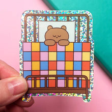 Load image into Gallery viewer, Vinyl Sticker, Glitter Bear in Bed
