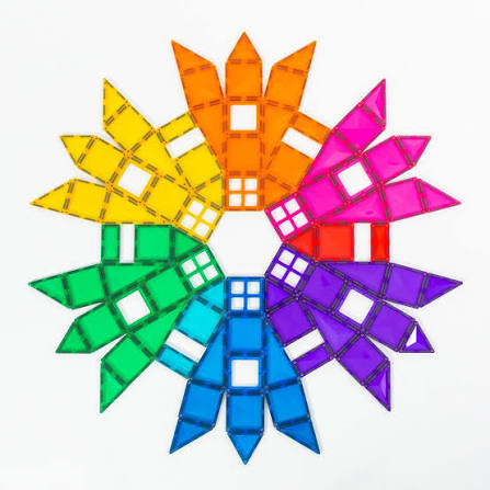 A colorful geometric toy structure made of translucent magnetic tiles arranged in a circular radial pattern.
