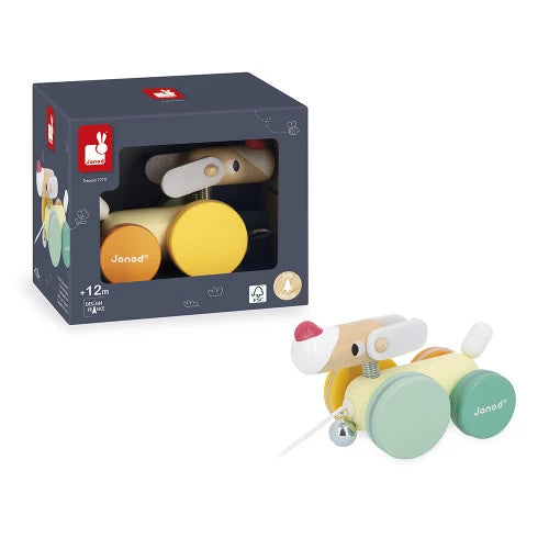 Colorful toy with wooden wheels and Janod branding