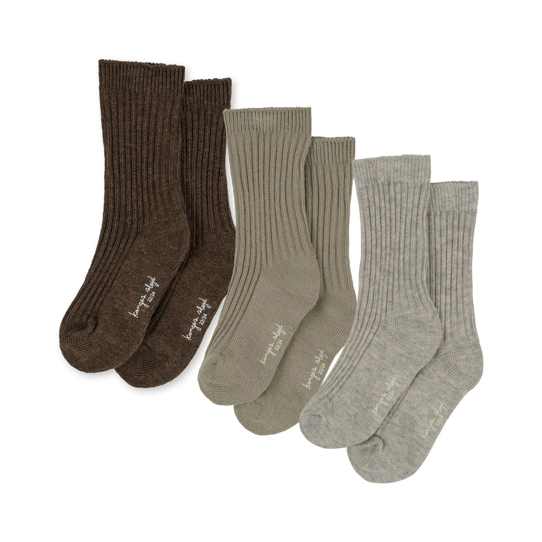 3 Pack Rib Socks  ''Grey, Ment, Brown''