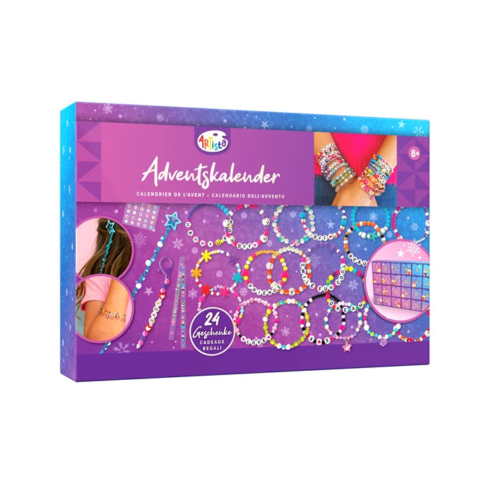 A Artista Adventskalender (Advent Calendar) for crafting children's jewelry, shown in its retail packaging. The box features a purple and blue design with illustrations of colorful beaded bracelets and a 24-piece set. Age 8+