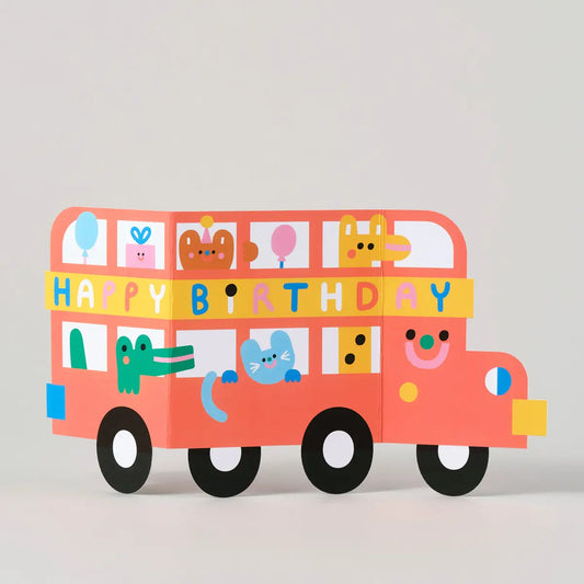 Ausklappbare Kindergeburtstagskarte „Geburtstagsbus“.