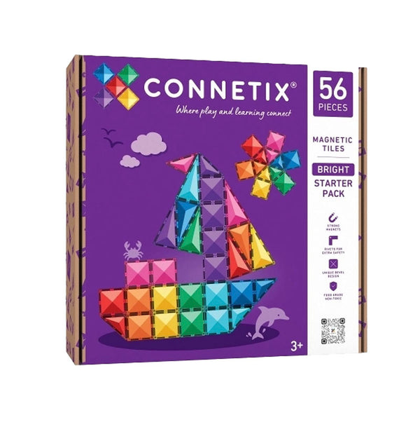 Connetix Bright Starter Pack magnetic tiles set in a purple box with colorful geometric illustrations of a sailboat, clouds, and birds. The packaging indicates 56 pieces and is suitable for ages 3+.