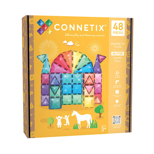 Connetix magnetic tiles packaging with colorful design and text 