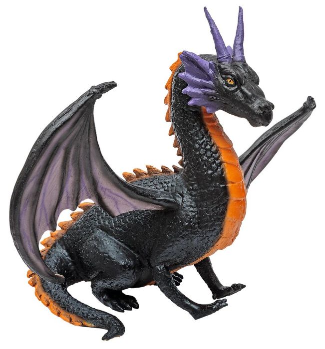 A small fantasy dragon figurine with a black body, purple wings and horns, and orange underbelly and back details