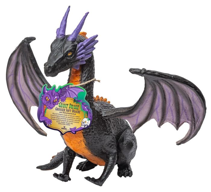 A toy dragon figurine with black scales, purple wings and horns, and orange underbelly details, shown with its retail hang tag 
