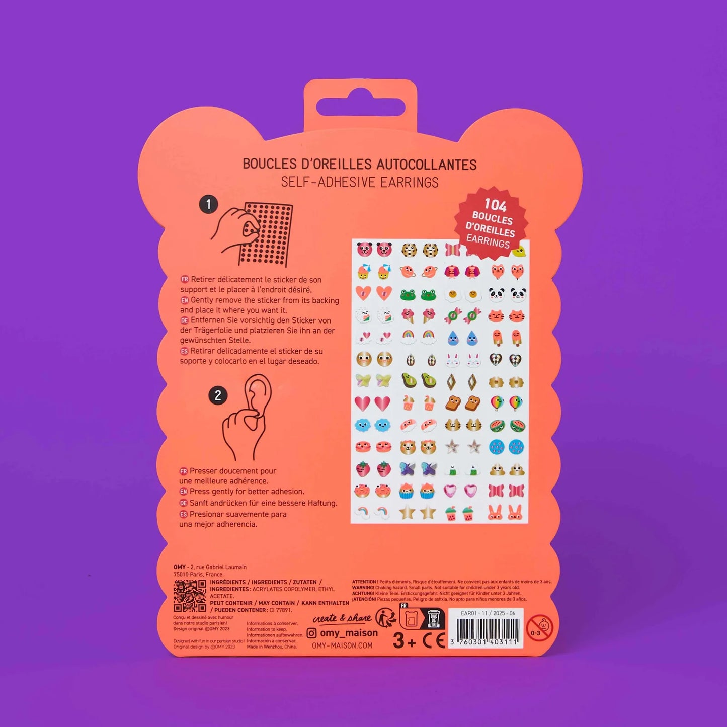 OMY Stick-On Earrings, Kawaii