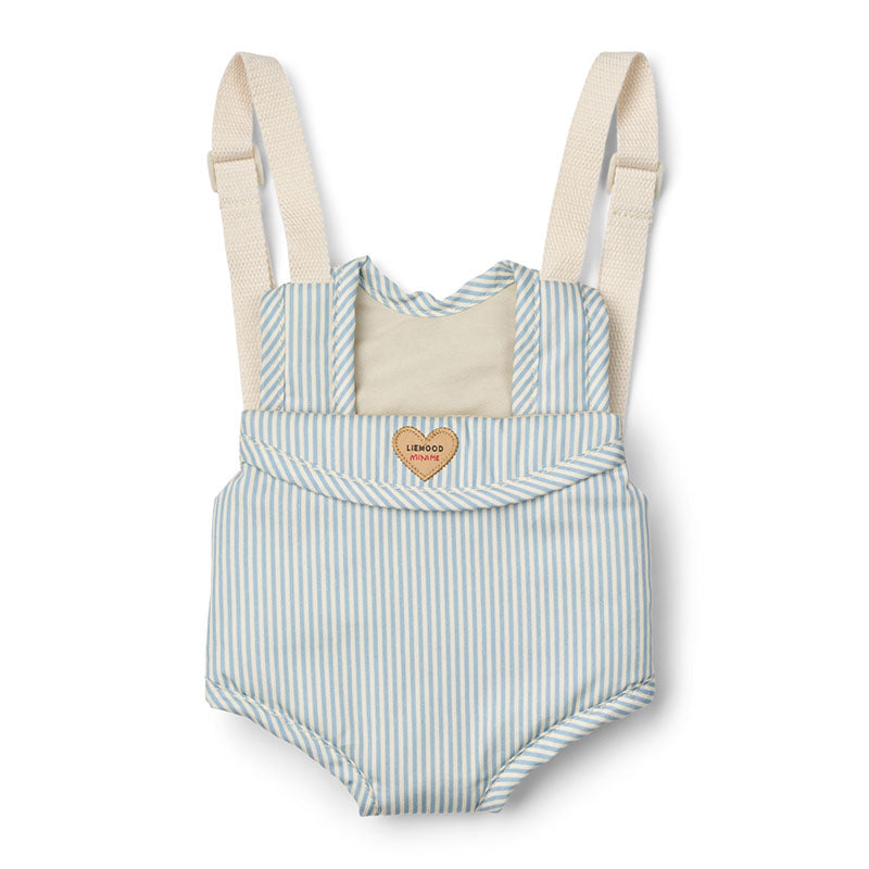 A doll carrier featuring light blue and white vertical stripes, with a cream-coloured panel and adjustable straps. 