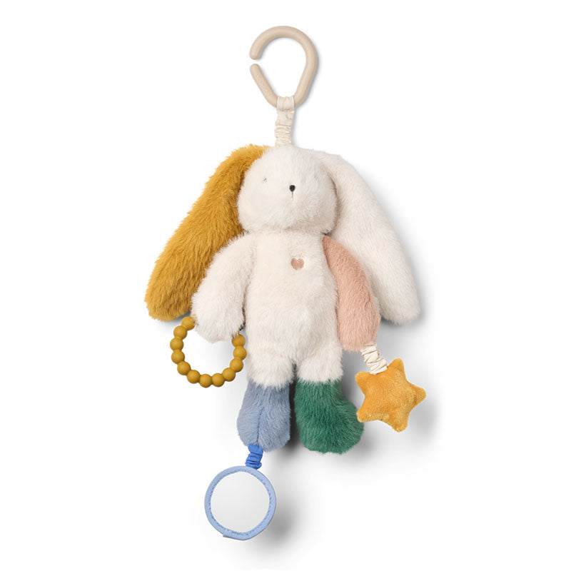 A plush bunny baby activity toy with long cream ears, a cream hanging clip, a yellow beaded ring, a yellow star, and pastel blue, green, pink, and yellow accents.