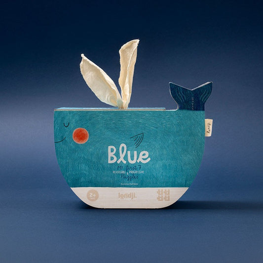 Blue whale-shaped container with a puzzle for two year olds