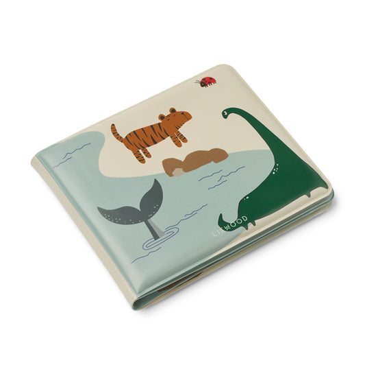 A square children's bath book with a whimsical animal illustration, featuring a tiger, dinosaur, whale tail, and ladybug on a cream and pale blue background.