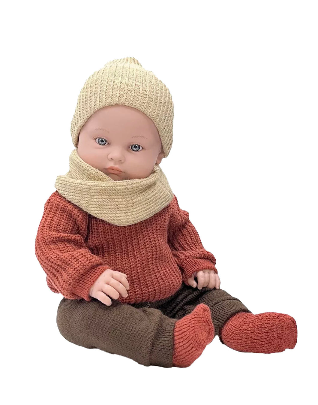 Minikane Bambini Doll ''Yann'' 47cm in his winter clothes, Bordeaux red knit sweater