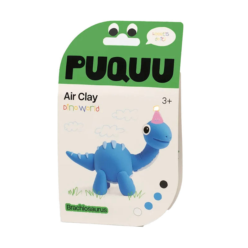 PUQUU Air Clay Dinosaur World Brachiosaurus toy in its original green and white retail packaging, featuring a blue dinosaur illustration on the front.