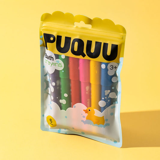 A package of PUQUUU Bath Crayons featuring six colorful crayons visible through a clear window in a yellow and white resealable pouch