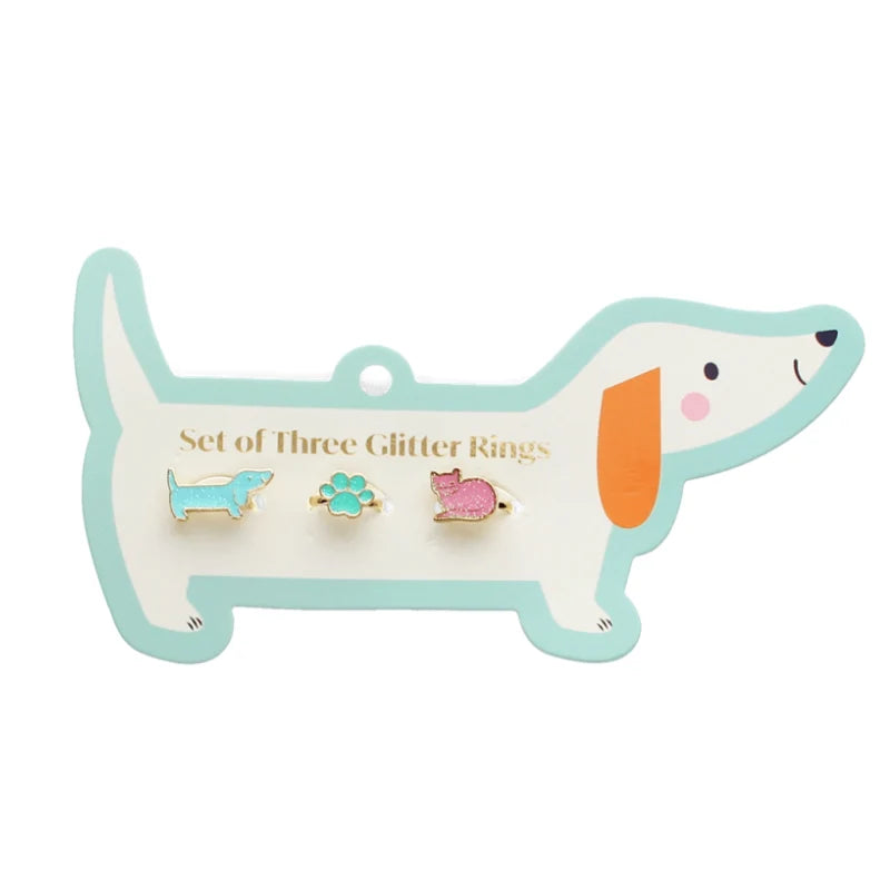 Glitzerringe, Set mit 3 Katzen und Hunden