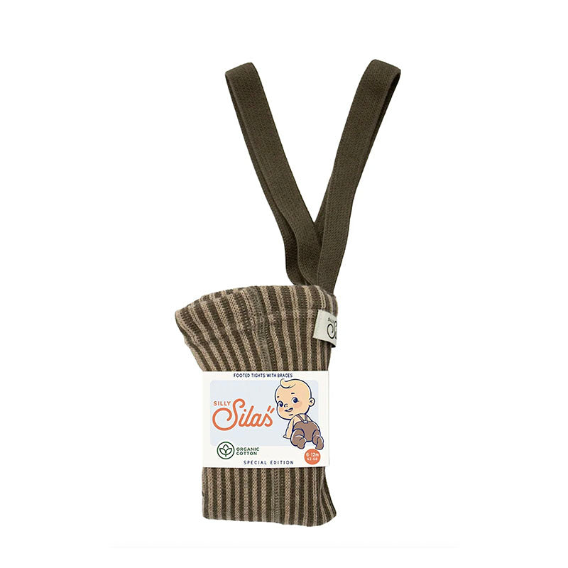 Silly Silas Spezialausgabe Strumpfhose mit Füßen „Seaweed Brown x Peanut Stripe“, Verschiedene