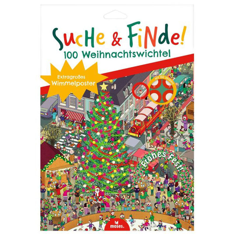 Pack of 'Suche & Finde! 100 Weihnachtswinkel' Christmas mystery shop puzzles by the brand 'mose.', featuring a colorful illustrated cover with a festive Christmas market scene.