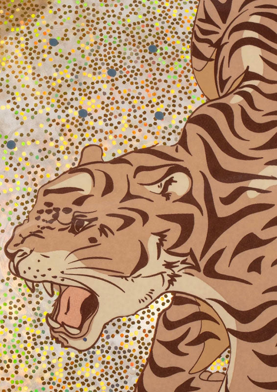 A stylized tiger illustration in tan, brown, cream, and black, set against a speckled gold, brown, and green background.