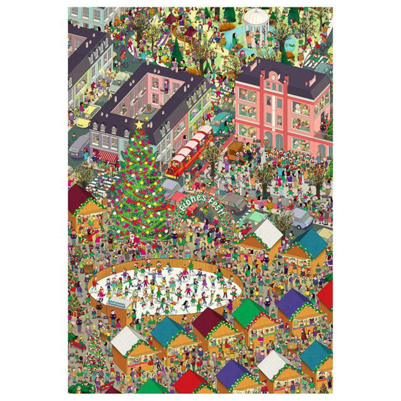 A highly detailed, illustrated, colourful Christmas city scene print featuring a large decorated tree, crowded streets, market stalls, and many small figures, shown against a white border.