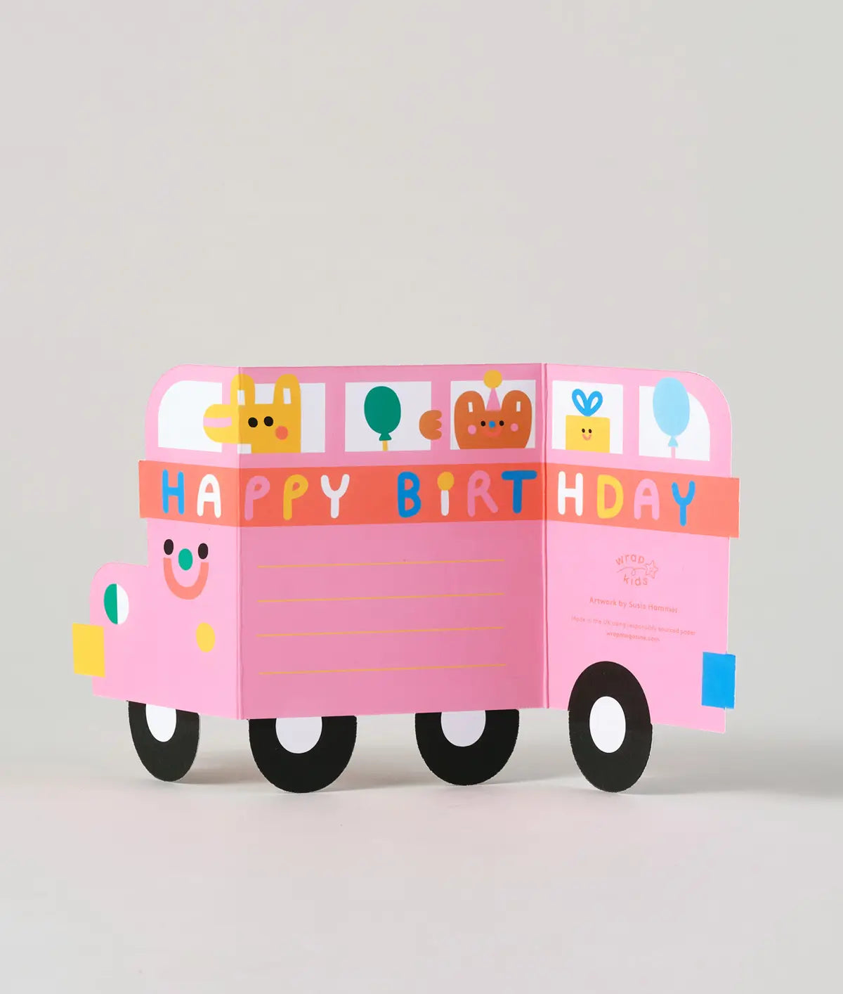 Ausklappbare Kindergeburtstagskarte „Geburtstagsbus“.