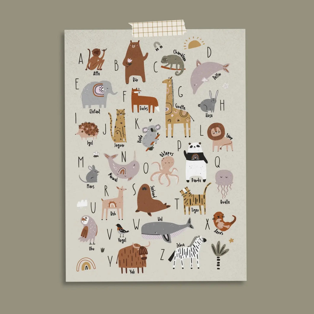 ABC Tiere Postkarte, deutsche Sprache