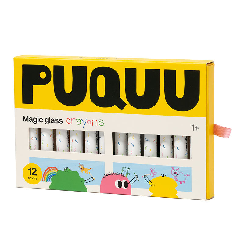 PUQUU Magic glass crayons 12-piece set in a yellow and white box, featuring colorful cartoon illustrations and a small pink pull tab