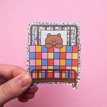Load image into Gallery viewer, Vinyl Sticker, Glitter Bear in Bed
