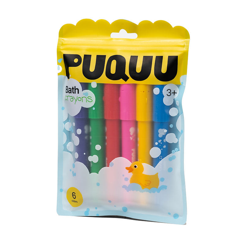 A package of six colorful bath crayons by the brand PUQUU, shown in its retail packaging with a yellow header and cartoon duck illustration.
