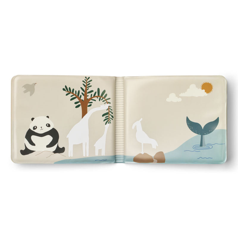 An open baby bath book with a whimsical safari and ocean illustration on the cream-colored cover. 