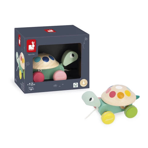 Wooden toy turtle with colorful spots next to its packaging 
