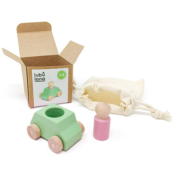 Wooden Car ''Green with Pink Figure''