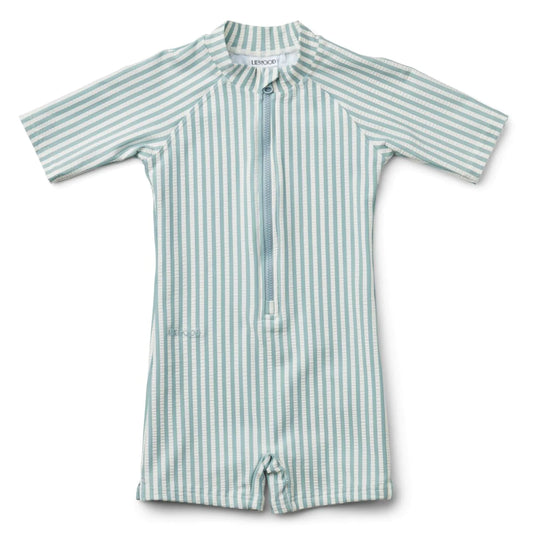 UV Swim Jumpsuit Seersucker ''Sea Blue / White''